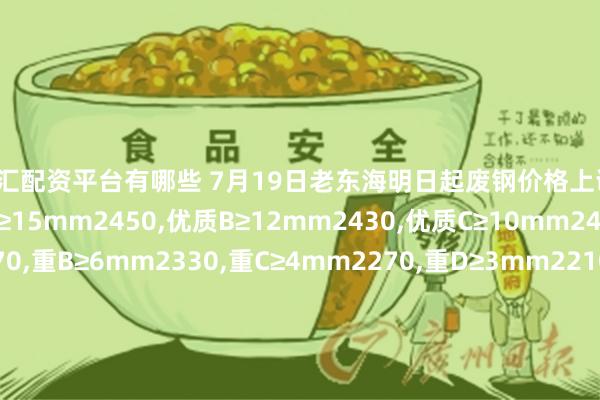 外汇配资平台有哪些 7月19日老东海明日起废钢价格上调10元价格参考:优质A≥15mm2450,优质B≥12mm2430,优质C≥10mm2400,重A≥8mm2370,重B≥6mm2330,重C≥4mm2270,重D≥3mm2210,矽钢片瓜子料2370,矽钢片三角片2330,冷板小料2-4厚2370,冷板小料1-2厚2330,机体钢件干磨2370,无缝管头2370,不含税。